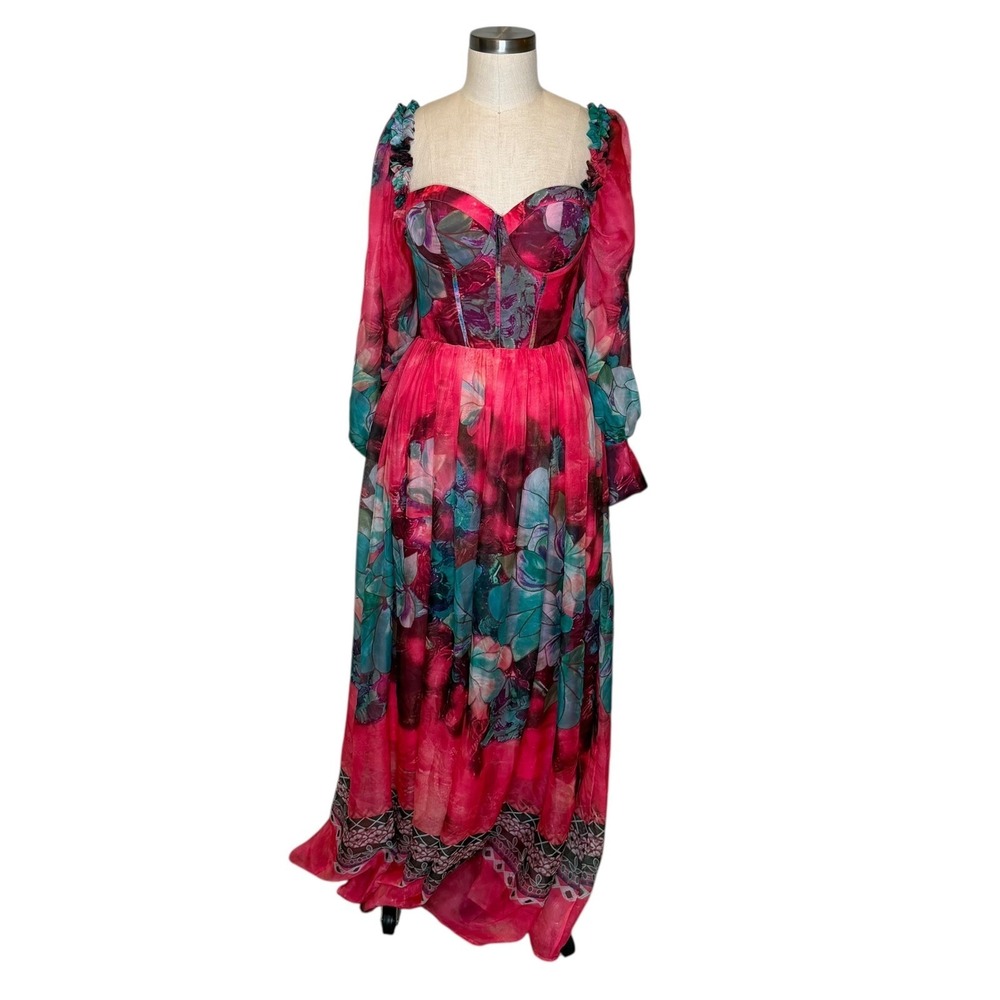 BANJUL Pink Floral Flowy Corset Maxi Dress Women's Size Medium Balloon Sleeve M